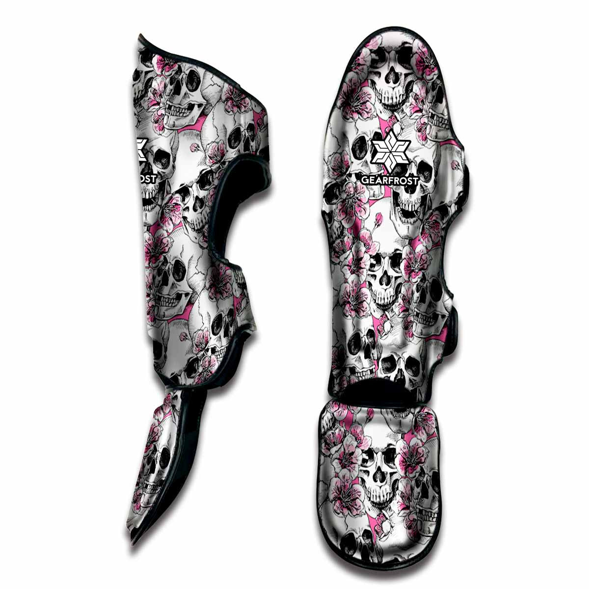Pink Flowers Skull Pattern Print Muay Thai Shin Guard