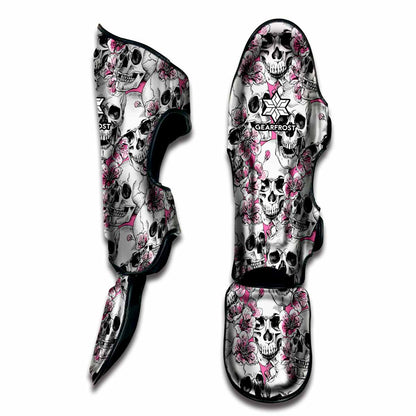 Pink Flowers Skull Pattern Print Muay Thai Shin Guard
