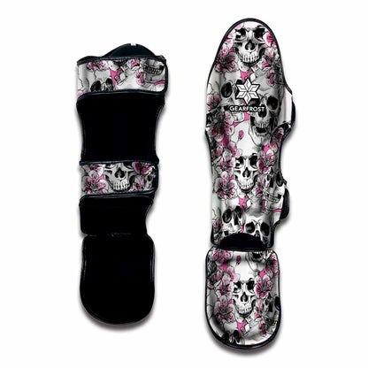 Pink Flowers Skull Pattern Print Muay Thai Shin Guard