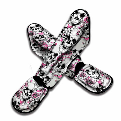 Pink Flowers Skull Pattern Print Muay Thai Shin Guard