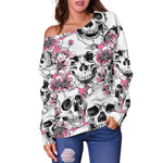 Pink Flowers Skull Pattern Print Off Shoulder Sweatshirt GearFrost