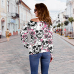 Pink Flowers Skull Pattern Print Off Shoulder Sweatshirt GearFrost