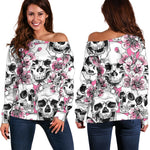 Pink Flowers Skull Pattern Print Off Shoulder Sweatshirt GearFrost