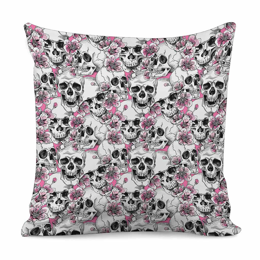 Pink Flowers Skull Pattern Print Pillow Cover
