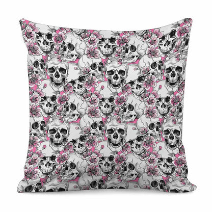 Pink Flowers Skull Pattern Print Pillow Cover