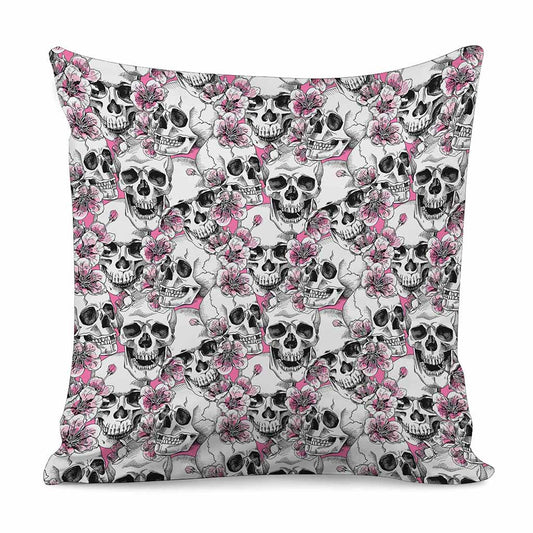 Pink Flowers Skull Pattern Print Pillow Cover
