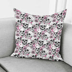 Pink Flowers Skull Pattern Print Pillow Cover