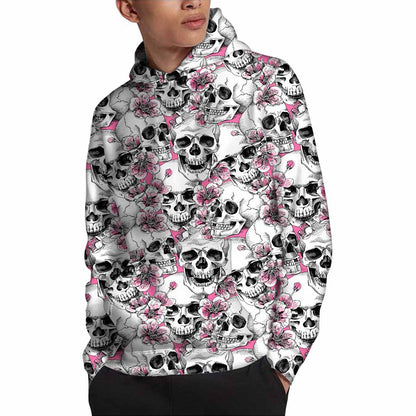 Pink Flowers Skull Pattern Print Pullover Hoodie