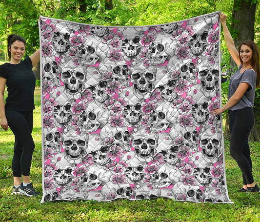 Pink Flowers Skull Pattern Print Quilt