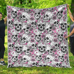 Pink Flowers Skull Pattern Print Quilt