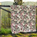 Pink Flowers Skull Pattern Print Quilt