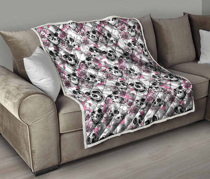 Pink Flowers Skull Pattern Print Quilt