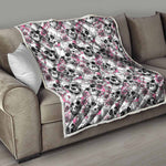 Pink Flowers Skull Pattern Print Quilt