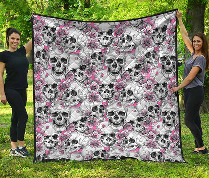 Pink Flowers Skull Pattern Print Quilt