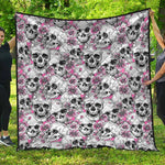 Pink Flowers Skull Pattern Print Quilt