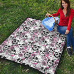Pink Flowers Skull Pattern Print Quilt