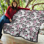 Pink Flowers Skull Pattern Print Quilt