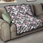 Pink Flowers Skull Pattern Print Quilt