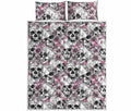 Pink Flowers Skull Pattern Print Quilt Bed Set