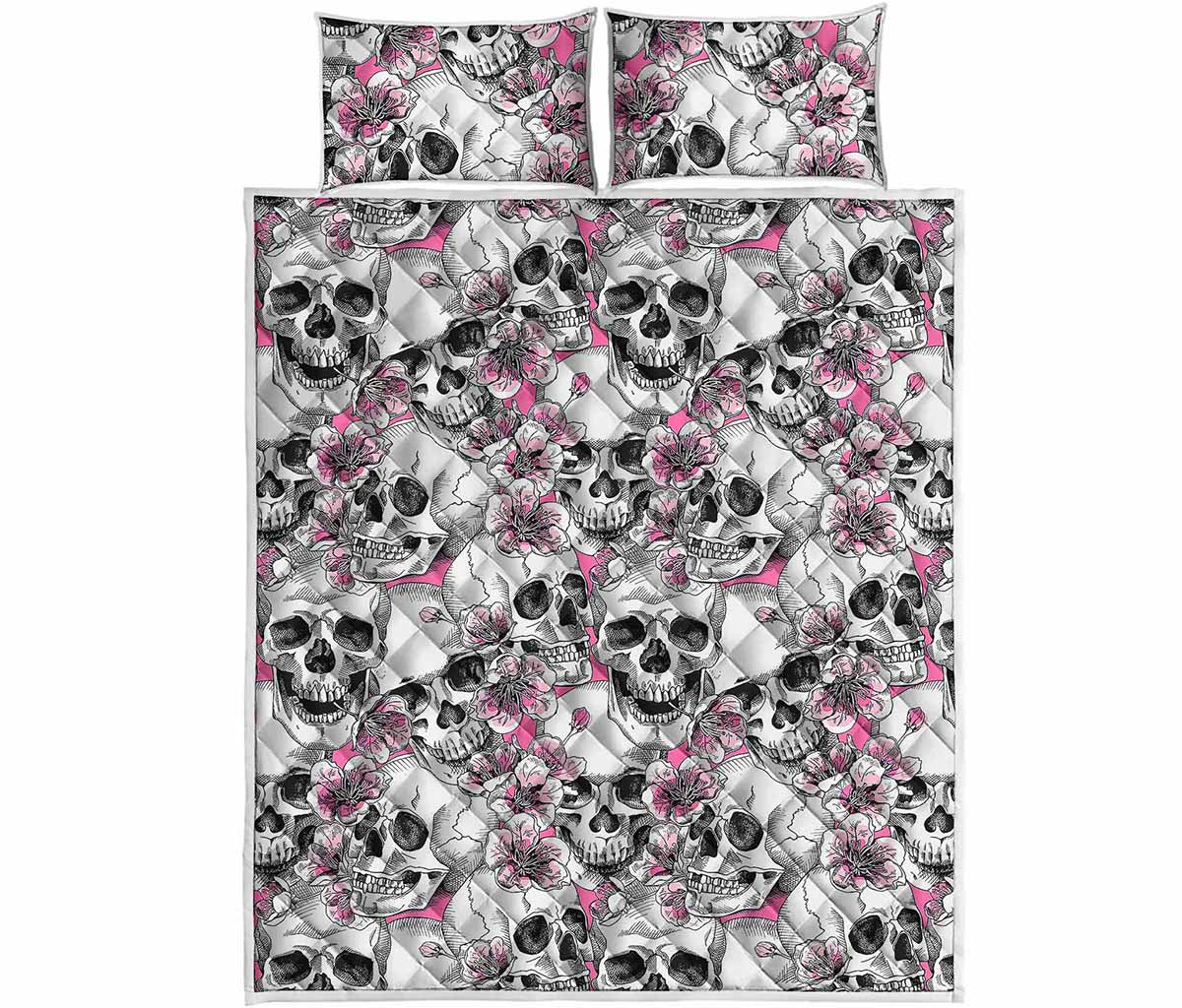 Pink Flowers Skull Pattern Print Quilt Bed Set