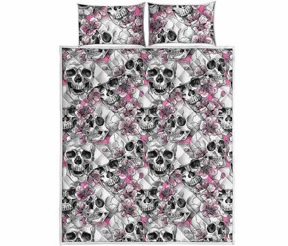 Pink Flowers Skull Pattern Print Quilt Bed Set