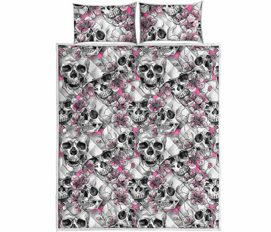 Pink Flowers Skull Pattern Print Quilt Bed Set