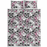 Pink Flowers Skull Pattern Print Quilt Bed Set