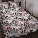 Pink Flowers Skull Pattern Print Quilt Bed Set
