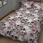 Pink Flowers Skull Pattern Print Quilt Bed Set