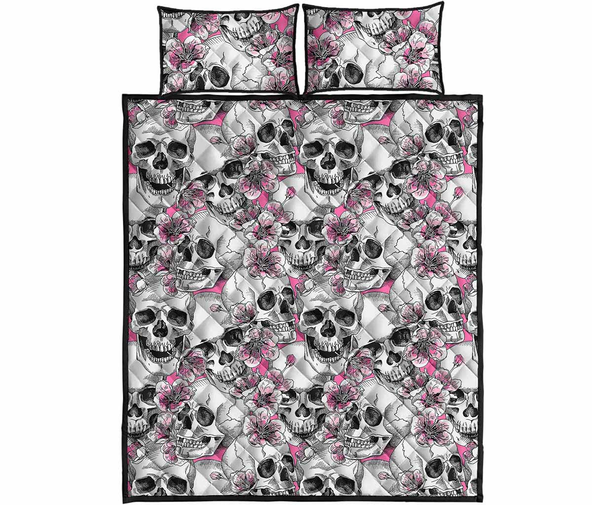 Pink Flowers Skull Pattern Print Quilt Bed Set