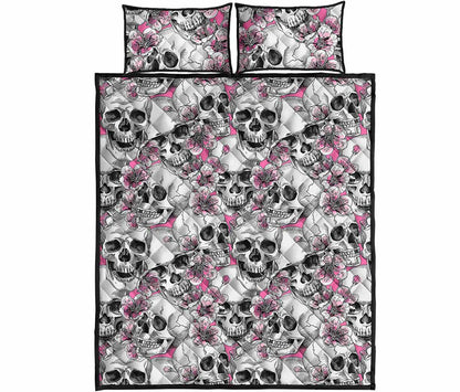 Pink Flowers Skull Pattern Print Quilt Bed Set