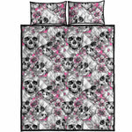 Pink Flowers Skull Pattern Print Quilt Bed Set