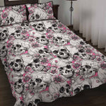 Pink Flowers Skull Pattern Print Quilt Bed Set