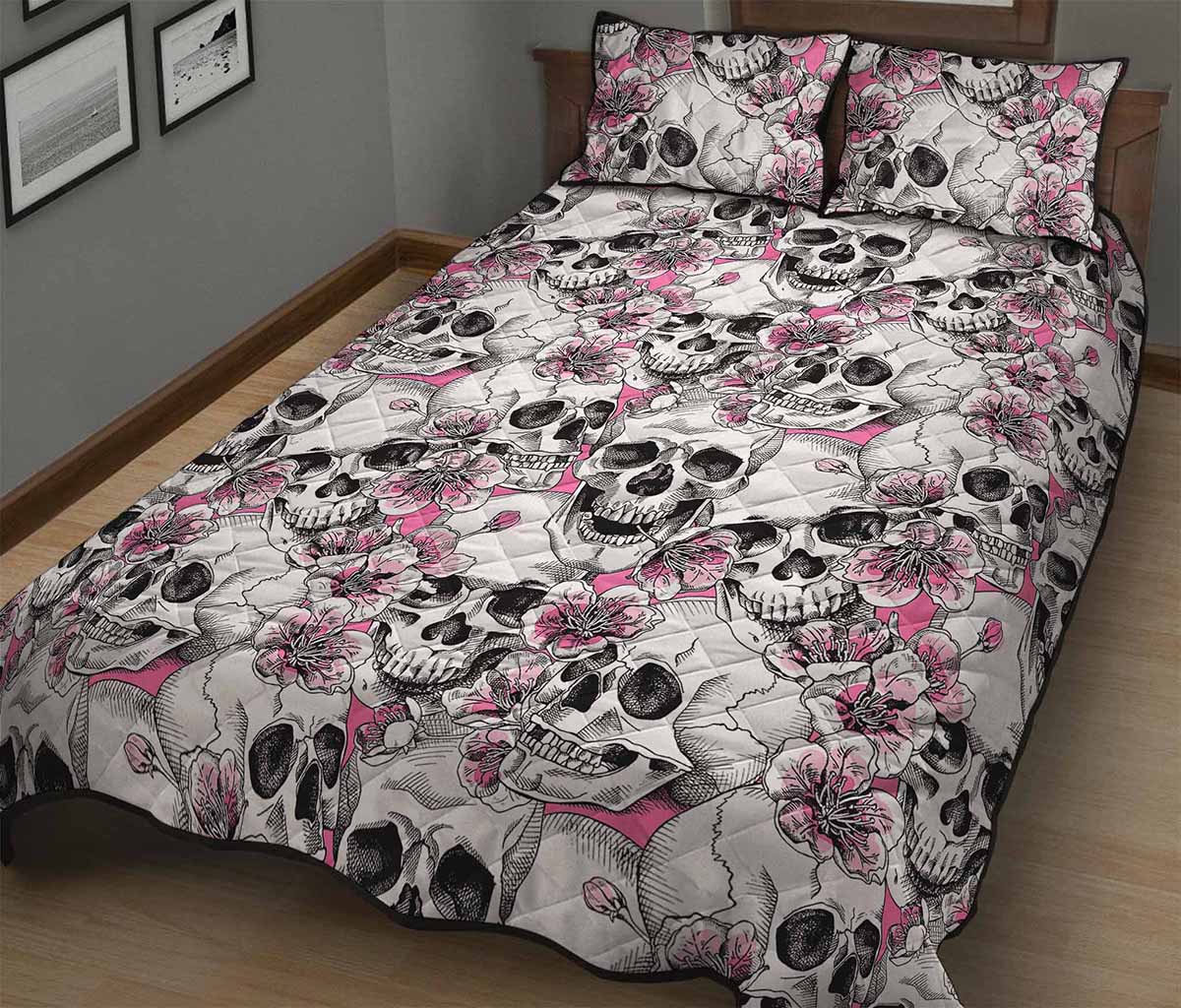Pink Flowers Skull Pattern Print Quilt Bed Set