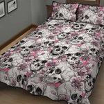 Pink Flowers Skull Pattern Print Quilt Bed Set