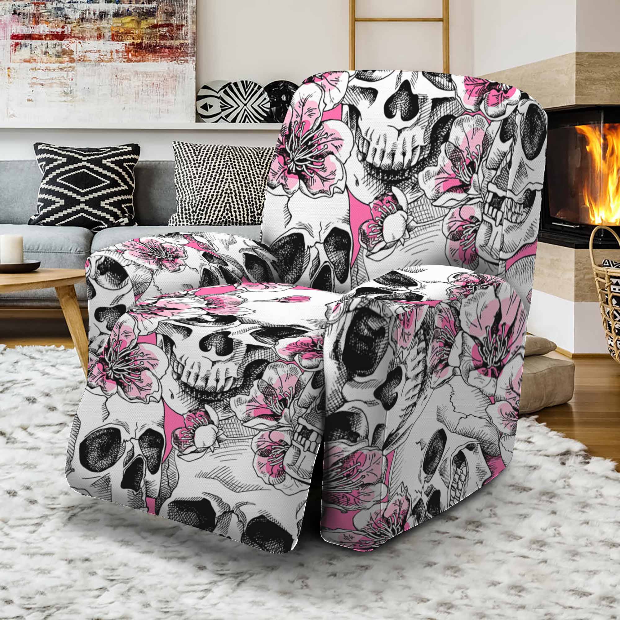 Pink Flowers Skull Pattern Print Recliner Slipcover