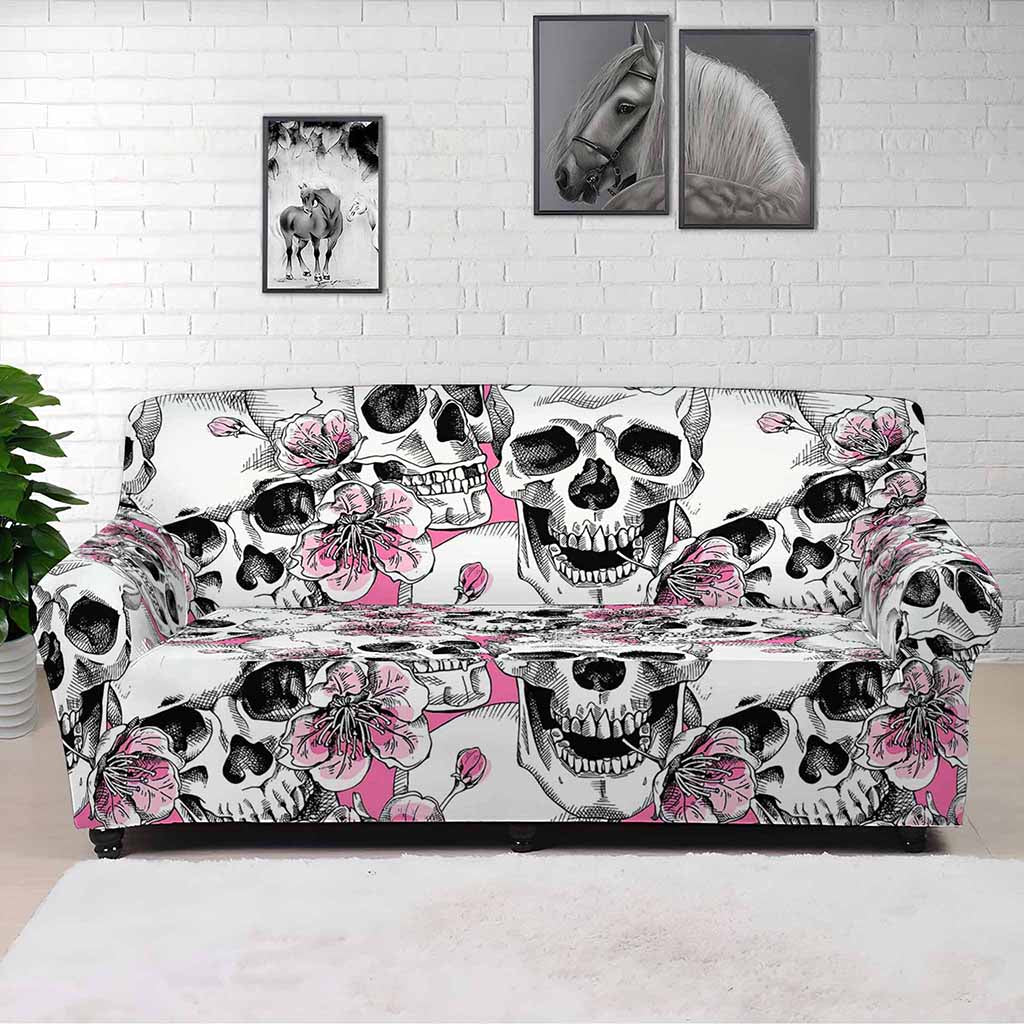 Pink Flowers Skull Pattern Print Sofa Cover