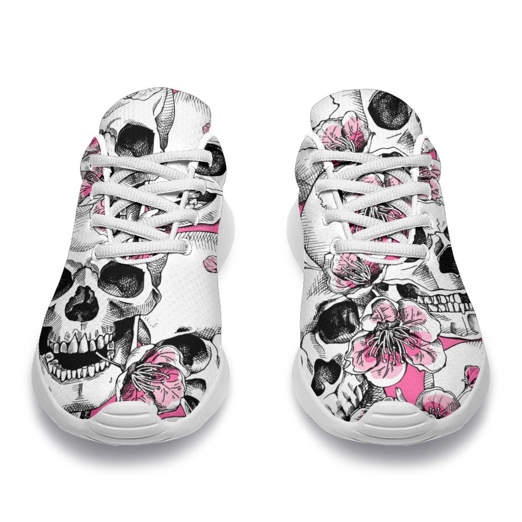 Pink Flowers Skull Pattern Print Sport Shoes GearFrost