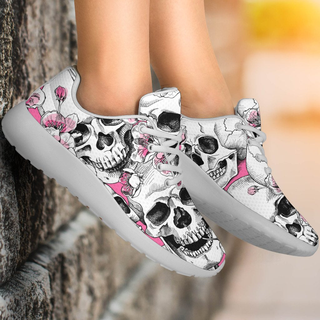 Pink Flowers Skull Pattern Print Sport Shoes GearFrost