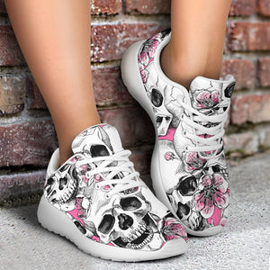 Pink Flowers Skull Pattern Print Sport Shoes GearFrost