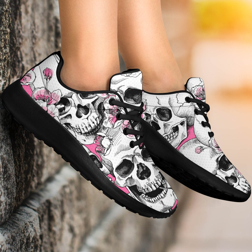 Pink Flowers Skull Pattern Print Sport Shoes GearFrost