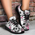 Pink Flowers Skull Pattern Print Sport Shoes GearFrost