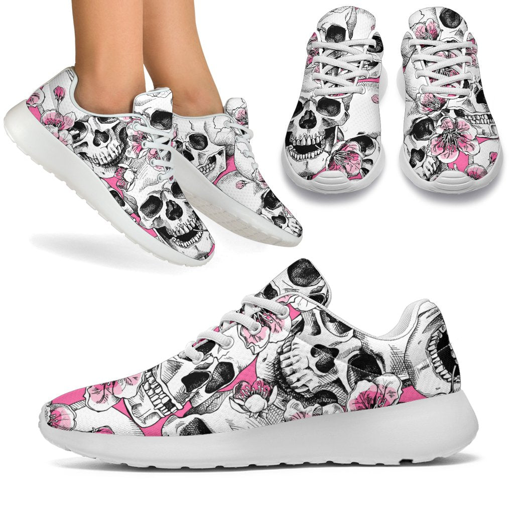 Pink Flowers Skull Pattern Print Sport Shoes GearFrost