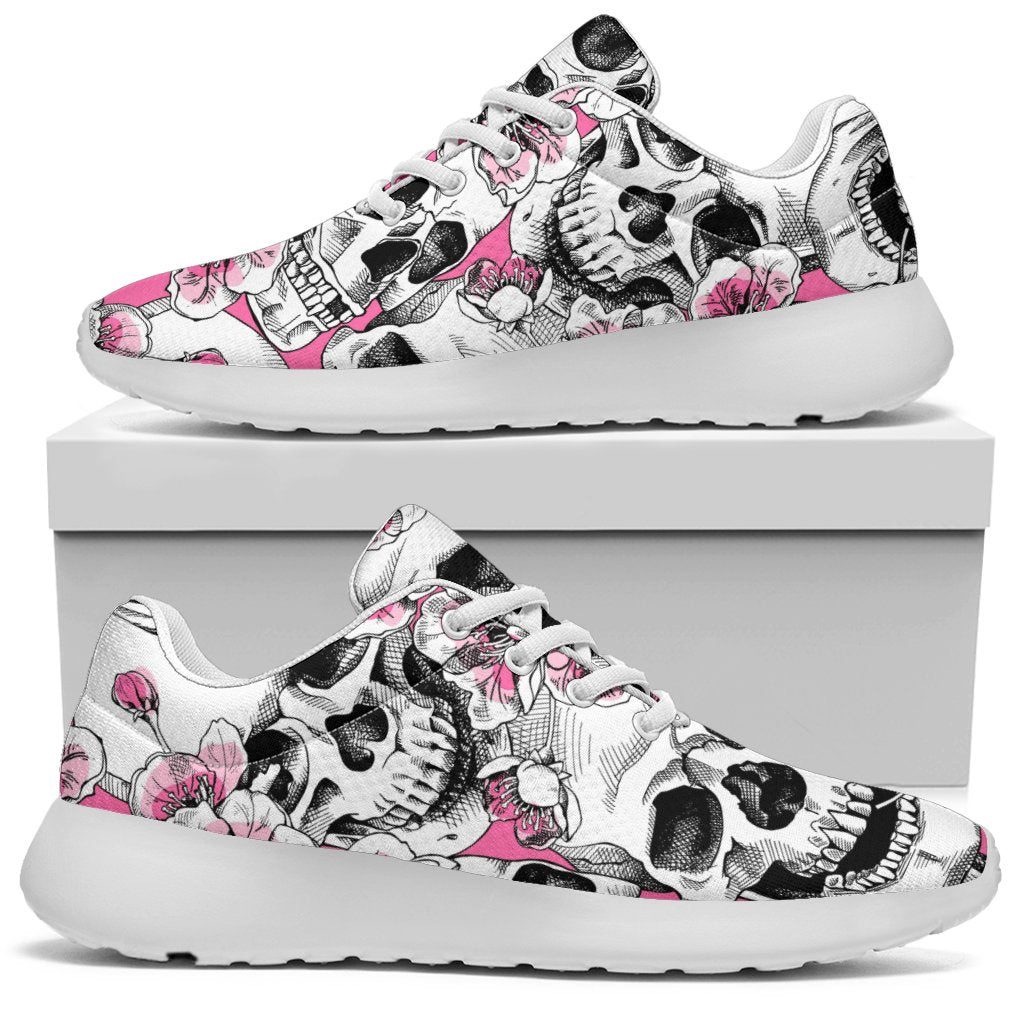 Pink Flowers Skull Pattern Print Sport Shoes GearFrost