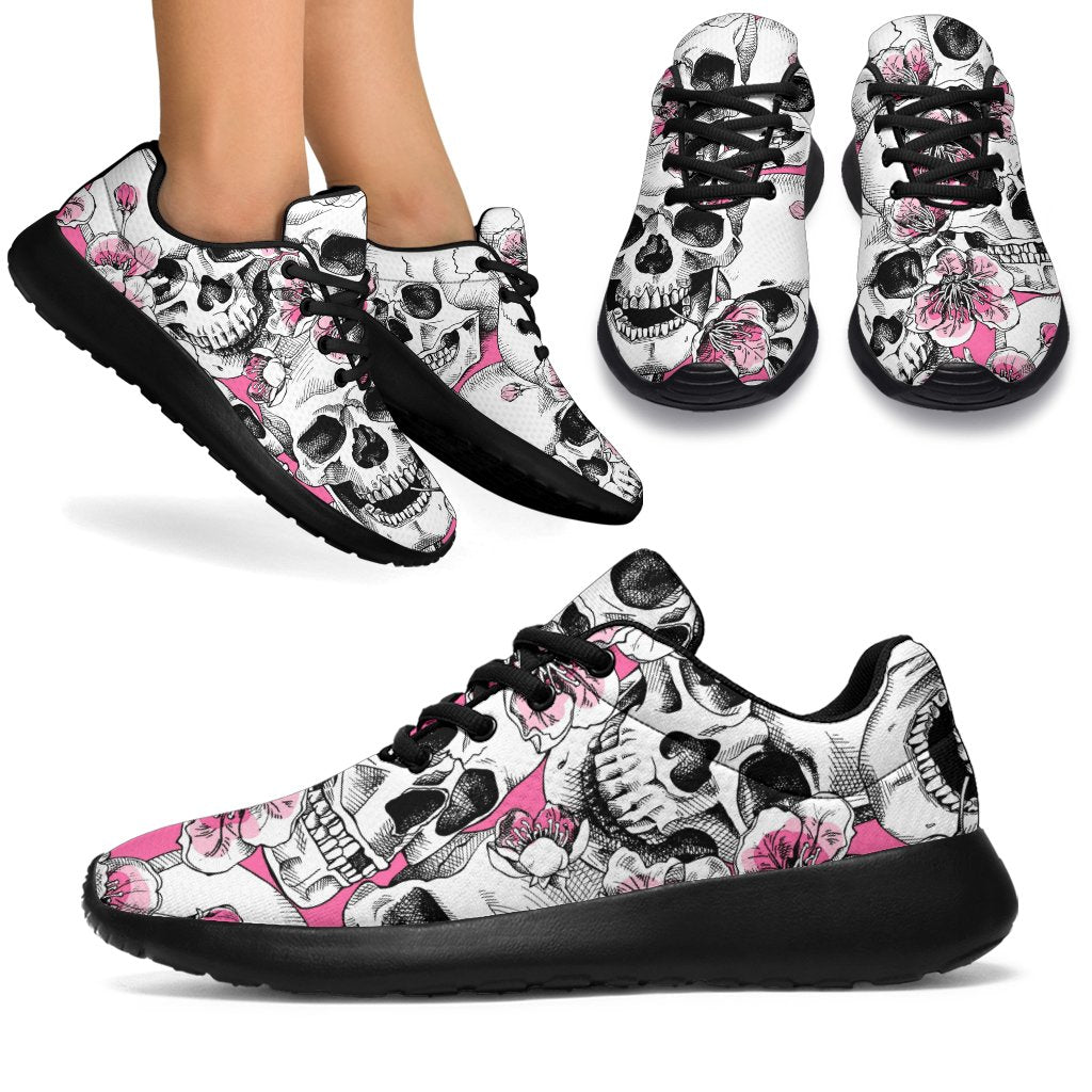 Pink Flowers Skull Pattern Print Sport Shoes GearFrost