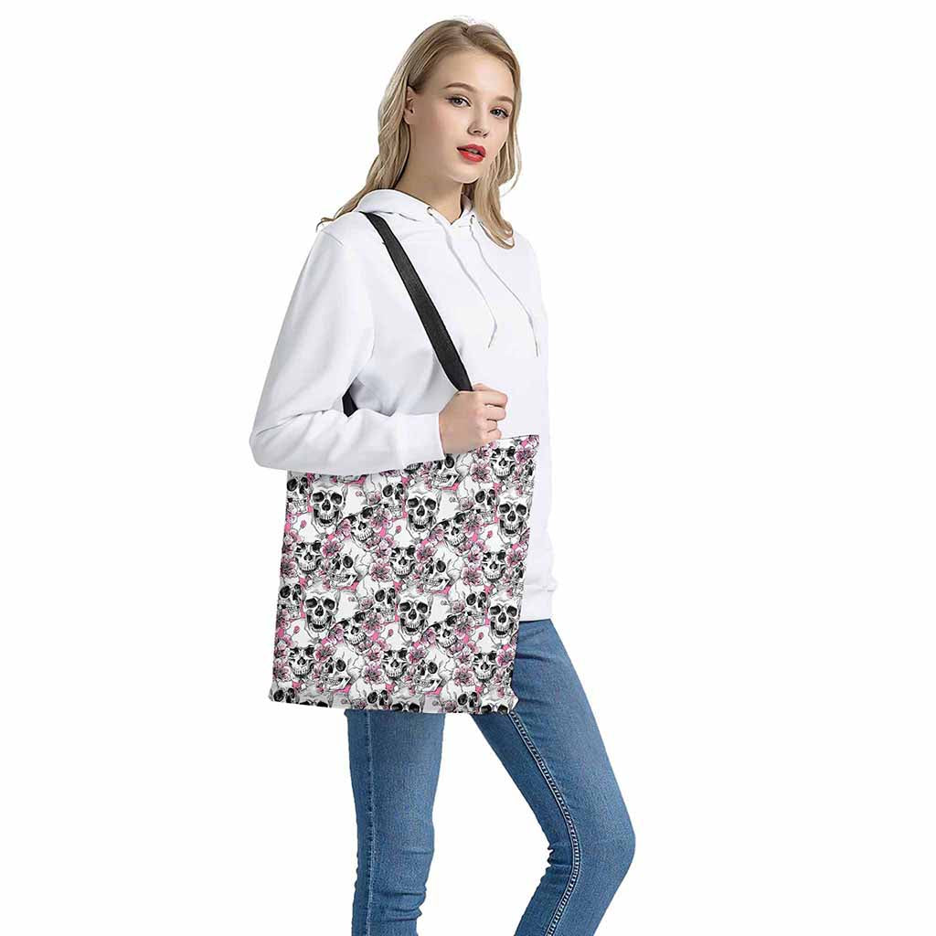 Pink Flowers Skull Pattern Print Tote Bag