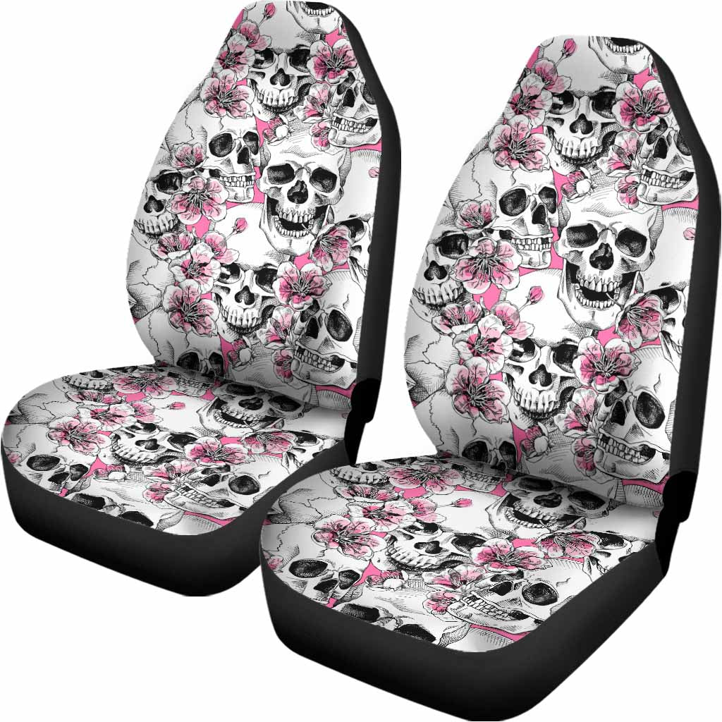 Pink Flowers Skull Pattern Print Universal Fit Car Seat Covers