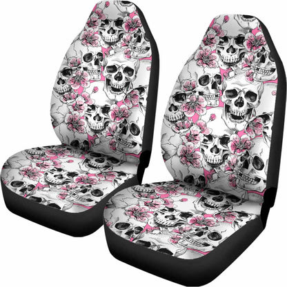 Pink Flowers Skull Pattern Print Universal Fit Car Seat Covers