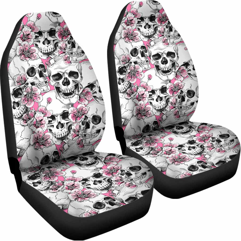 Pink Flowers Skull Pattern Print Universal Fit Car Seat Covers