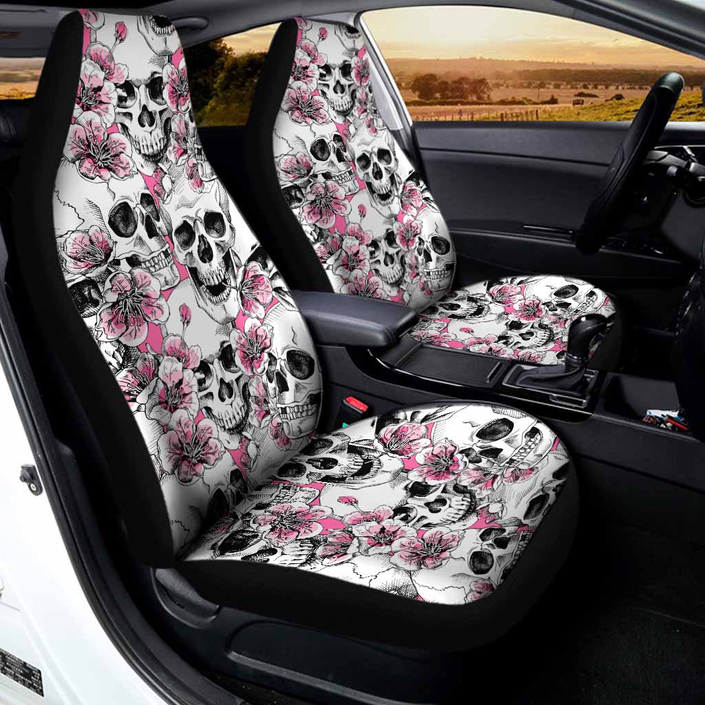 Pink Flowers Skull Pattern Print Universal Fit Car Seat Covers